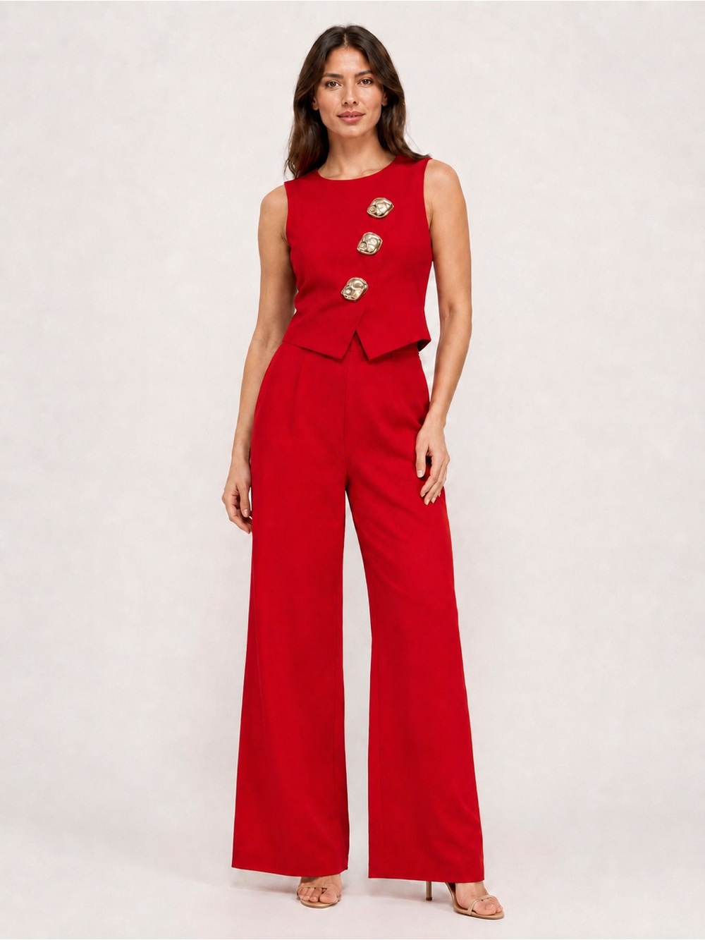 Valentine Red Two Piece Wide Leg Pant Set Gold Buttons Size L NWOT